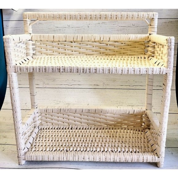 Vtg Wicker Shelf White Two Tier Wall Hang Boho Country